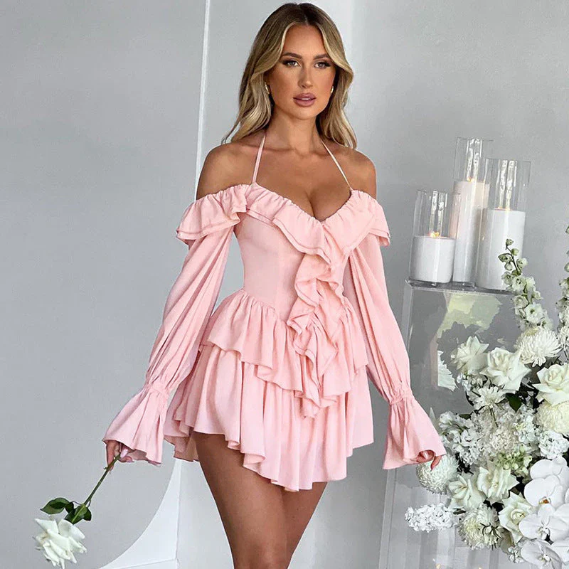 Nariyah Romper | Deep V Ruffle Front Off Shoulder Long Sleeve Romper - Image 3