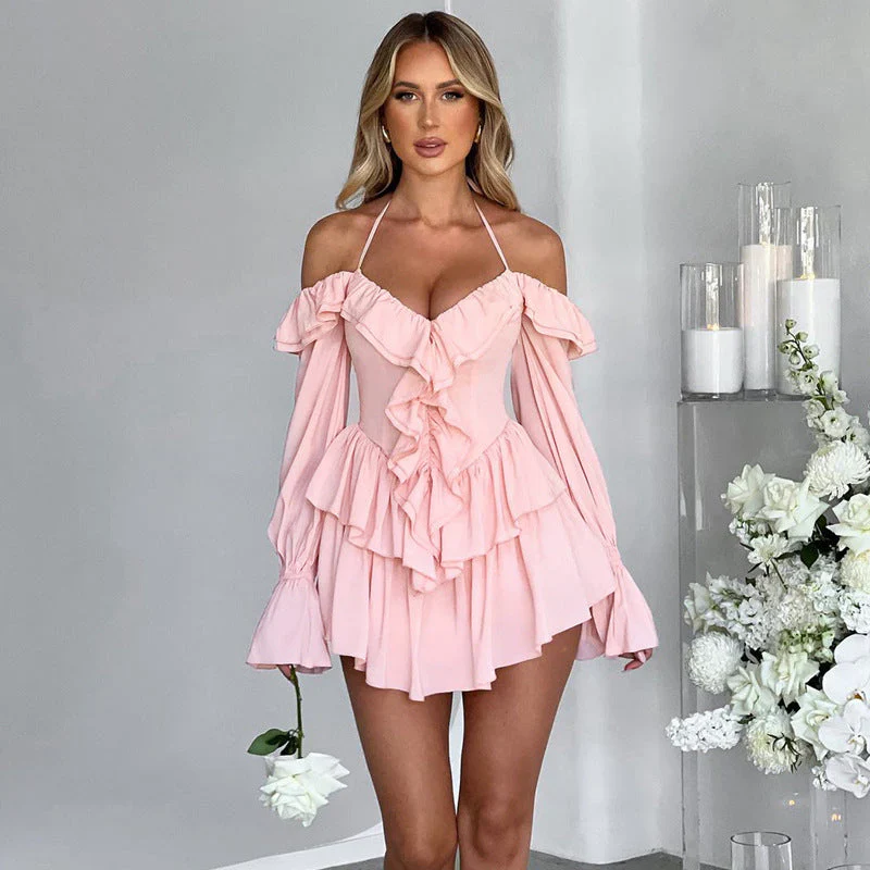 Nariyah Romper | Deep V Ruffle Front Off Shoulder Long Sleeve Romper - Image 4