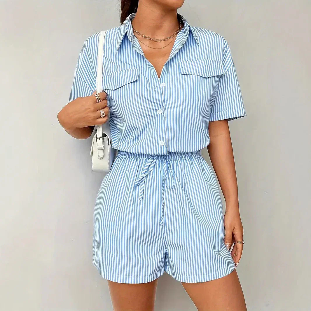 Naudia Romper | Short Sleeve Cinched Waist Button Front Romper - Image 2