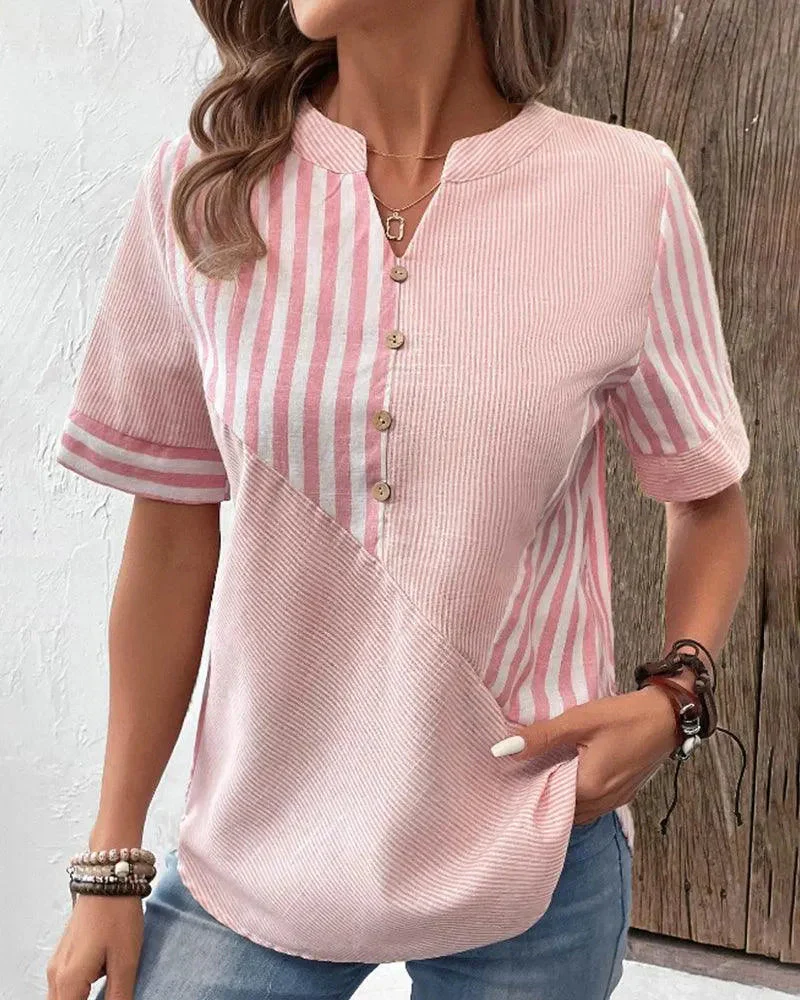 Nayma Blouse | Short Cuffed Sleeves Striped Mandarin Collar Blouse - Image 2