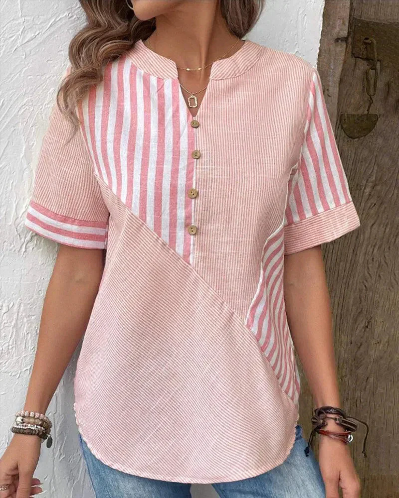 Nayma Blouse | Short Cuffed Sleeves Striped Mandarin Collar Blouse - Image 3