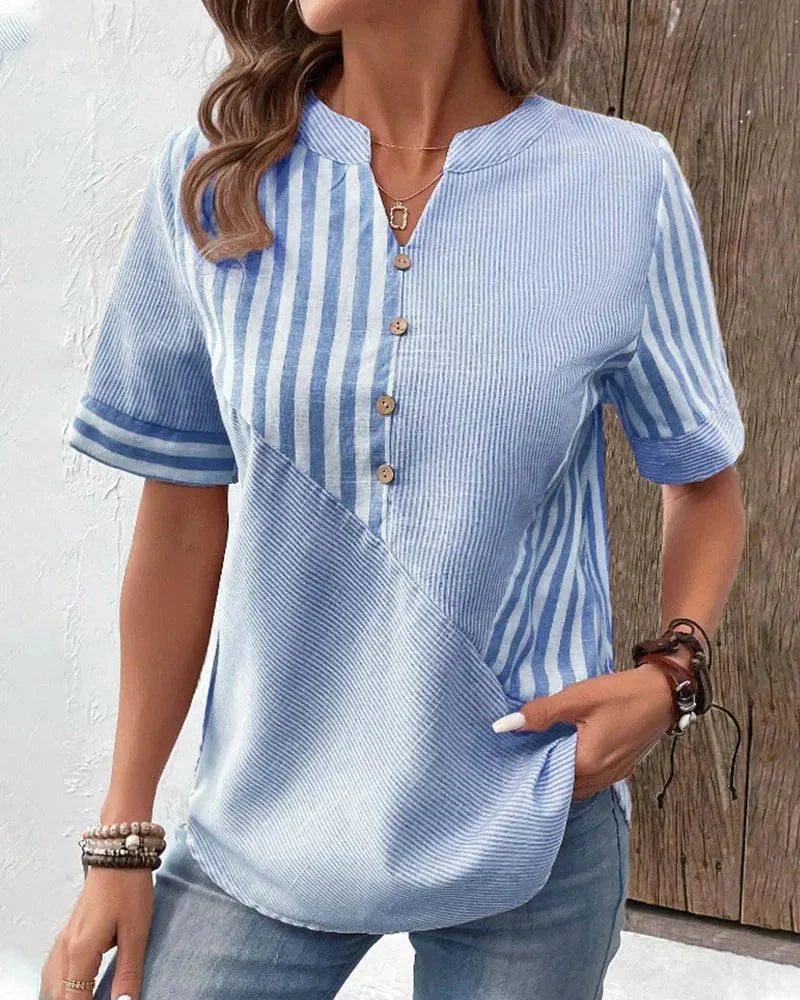 Nayma Blouse | Short Cuffed Sleeves Striped Mandarin Collar Blouse - Image 4