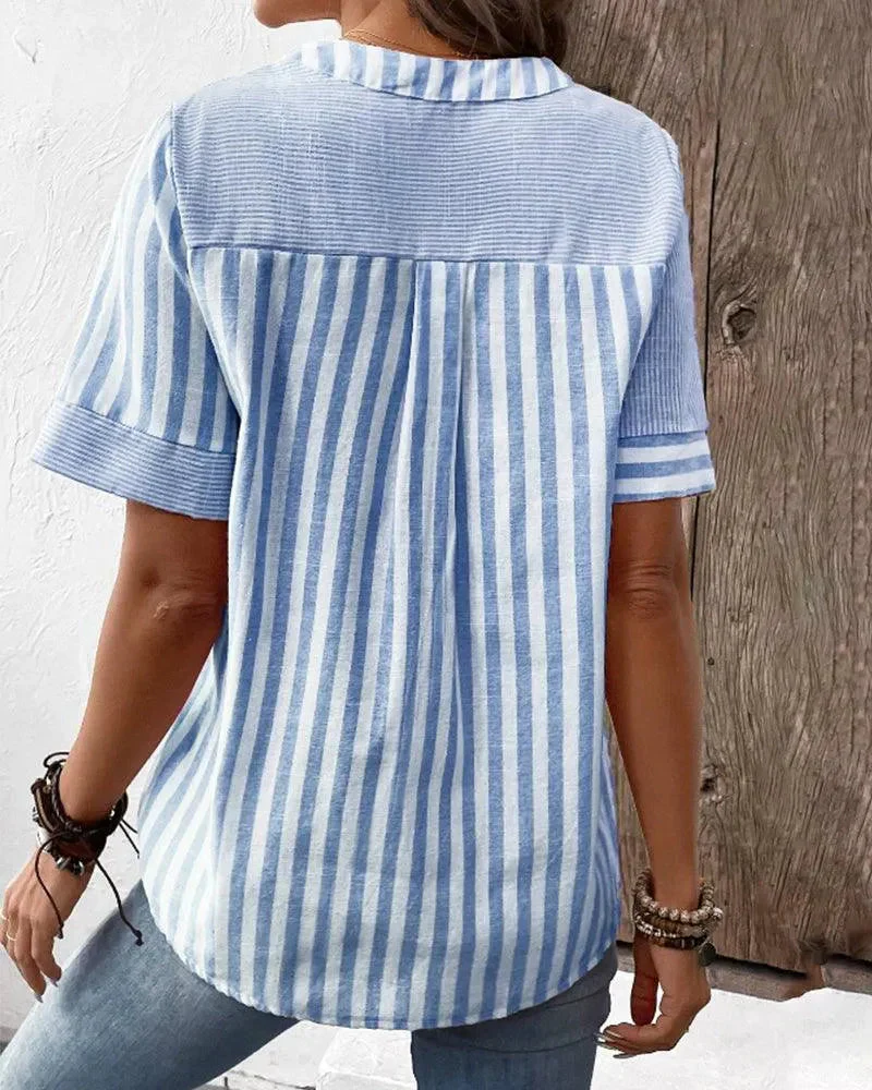 Nayma Blouse | Short Cuffed Sleeves Striped Mandarin Collar Blouse - Image 6