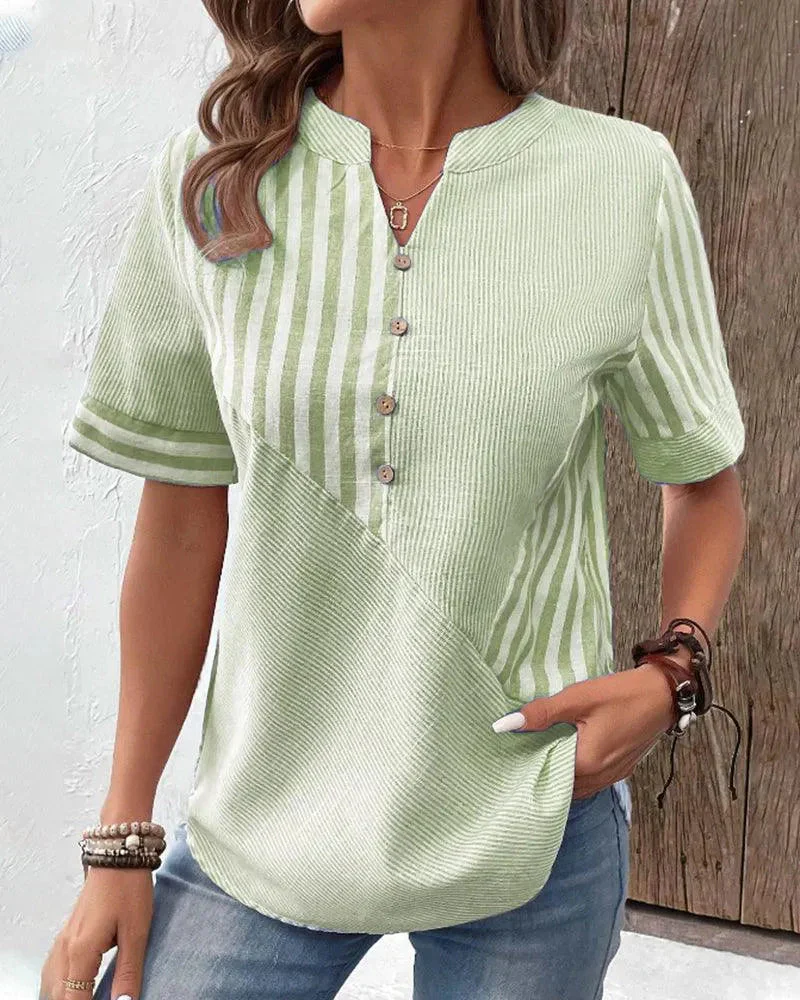 Nayma Blouse | Short Cuffed Sleeves Striped Mandarin Collar Blouse - Image 8