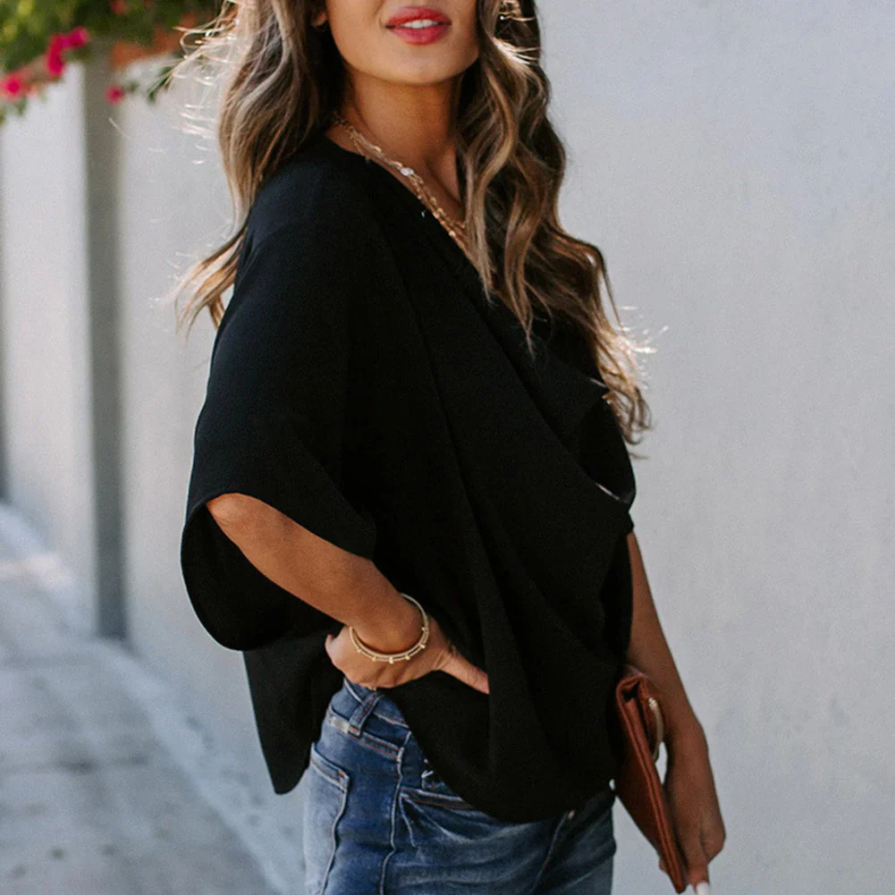 Nela Blouse | Loose Fit Pleated Flounce Sleeves V-Neck Chiffon Blouse - Image 2