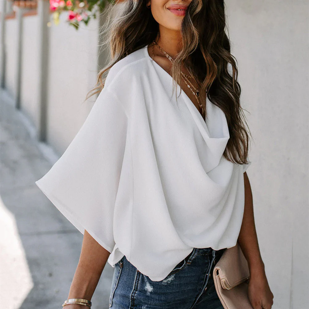 Nela Blouse | Loose Fit Pleated Flounce Sleeves V-Neck Chiffon Blouse - Image 4