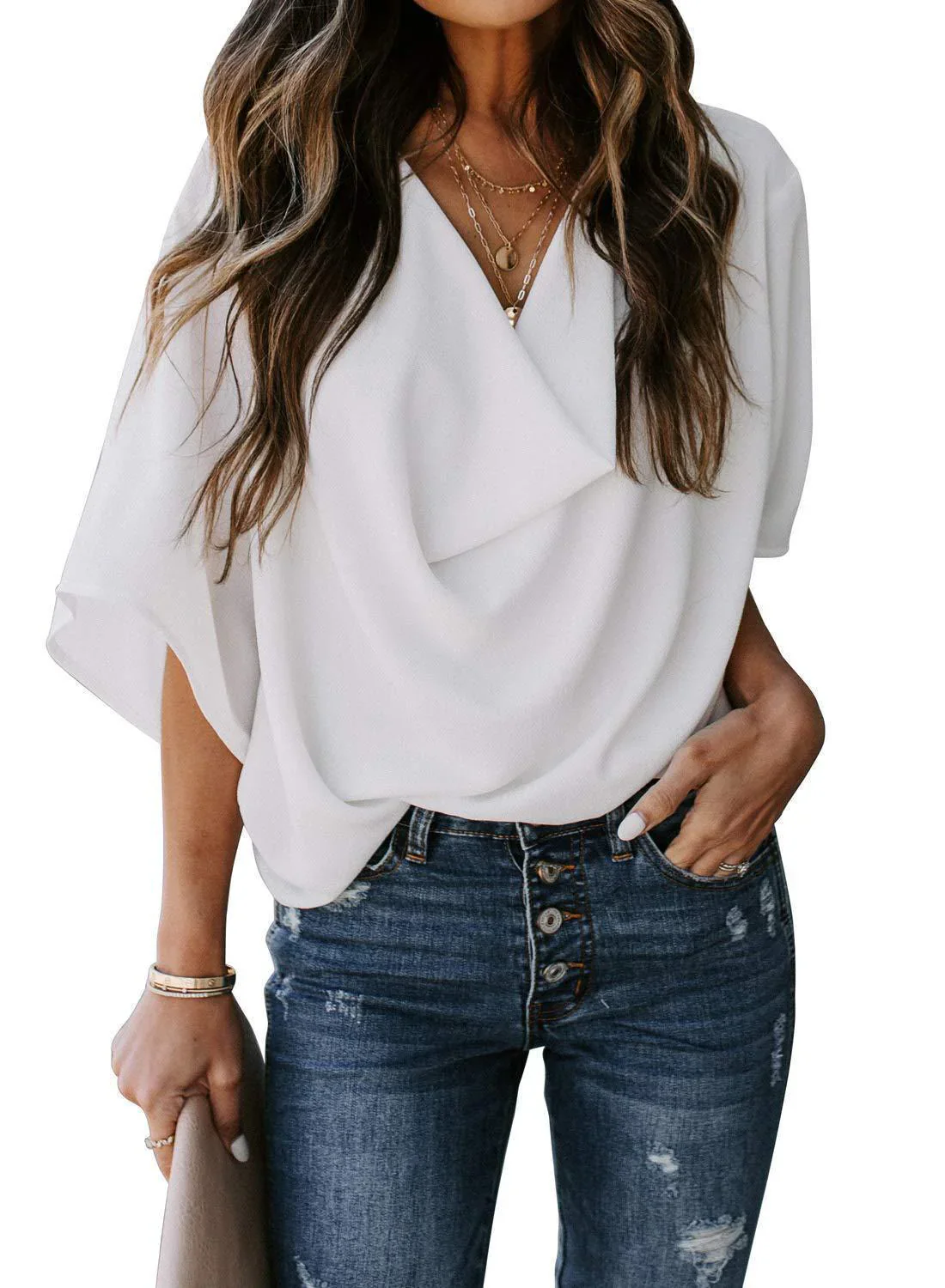 Nela Blouse | Loose Fit Pleated Flounce Sleeves V-Neck Chiffon Blouse - Image 5