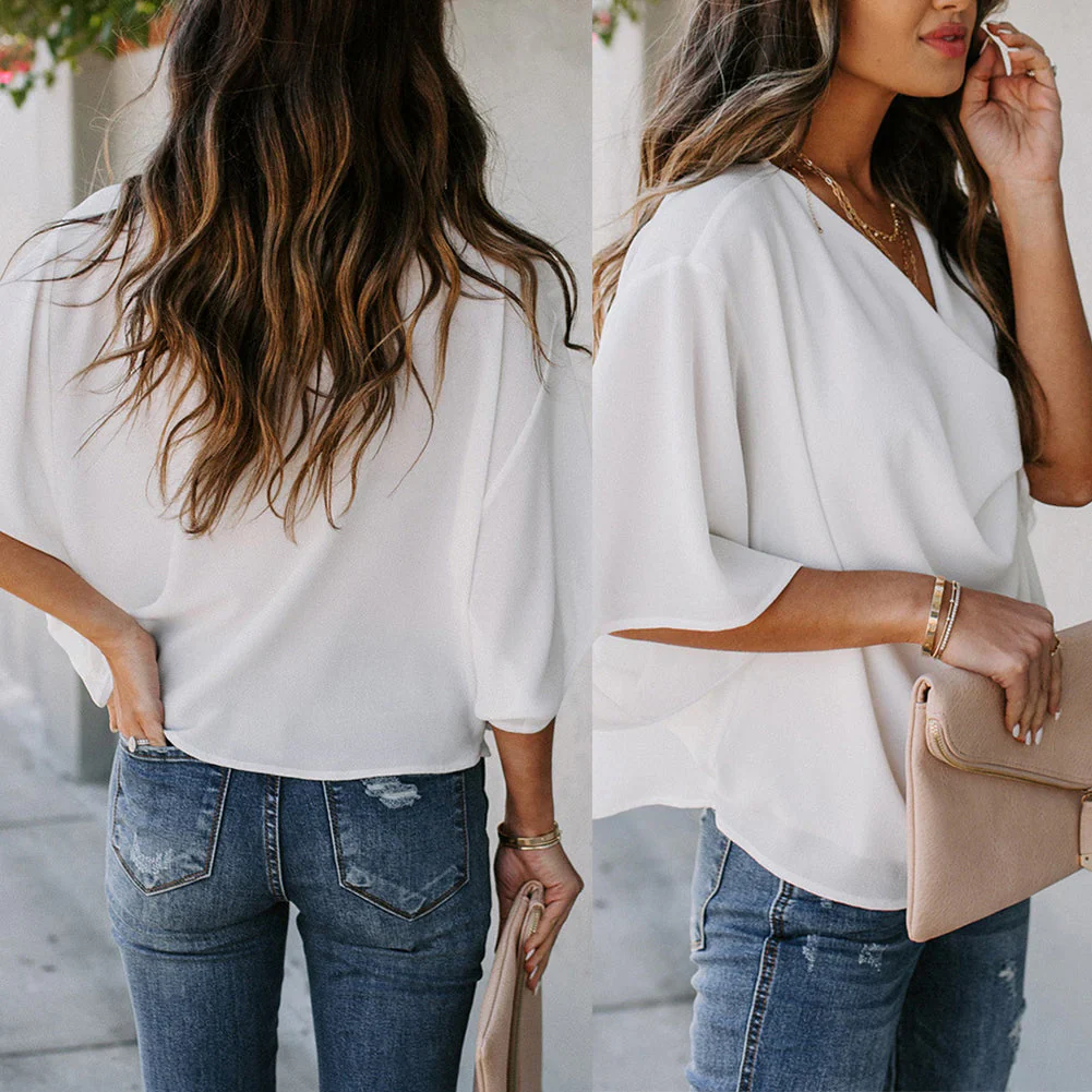 Nela Blouse | Loose Fit Pleated Flounce Sleeves V-Neck Chiffon Blouse - Image 6