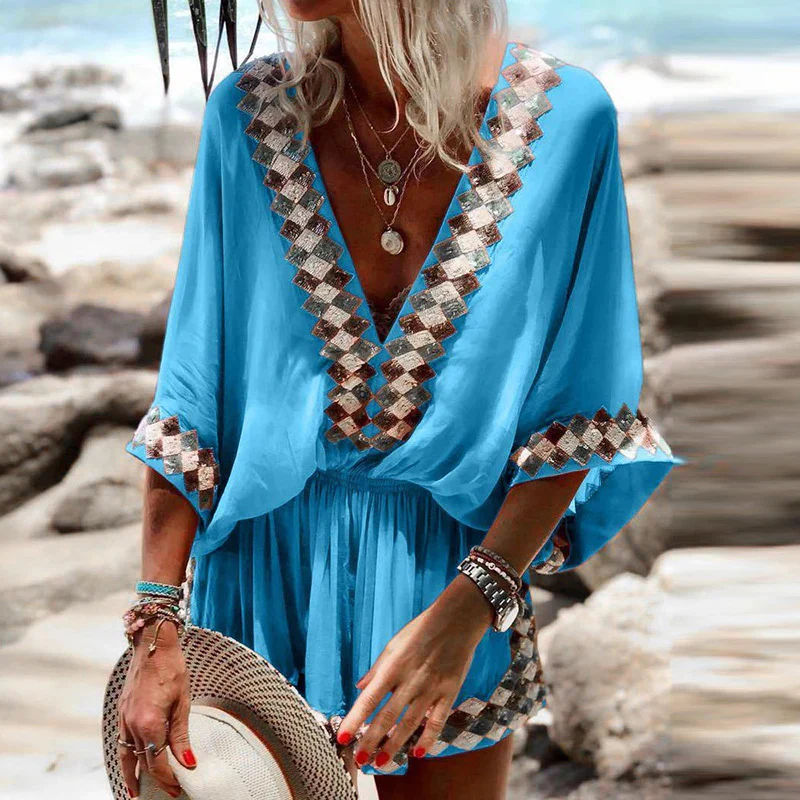 Nikoleta Jumpsuit | Loose V-Neck Printed Trim Short Jumpsuit