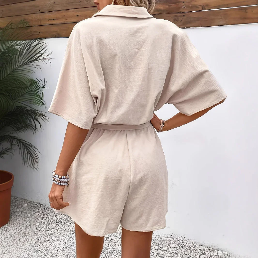Nikolina Short Sleeve Button-Up Belted Waist Romper - Image 3