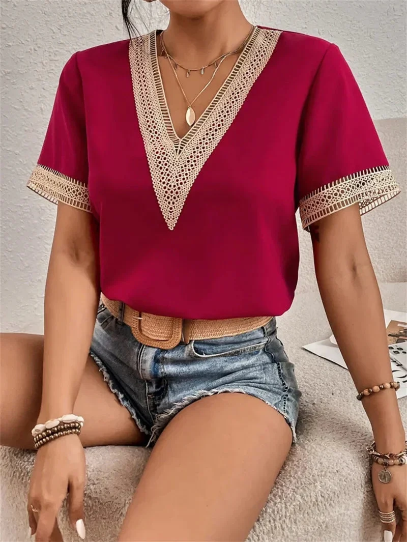 Niva Blouse | Elegant Short Sleeve Lace V-Neck Blouse - Image 2