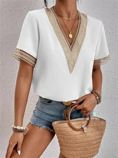 Niva Blouse | Elegant Short Sleeve Lace V-Neck Blouse - Image 3