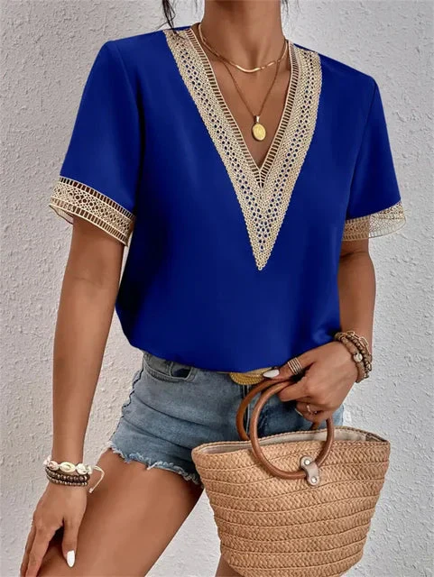 Niva Blouse | Elegant Short Sleeve Lace V-Neck Blouse - Image 4