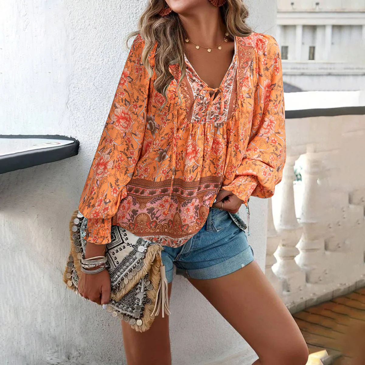 Norah Blouse | Long Sleeve - V-Neck with Tie Bohemian Blouse - Image 2