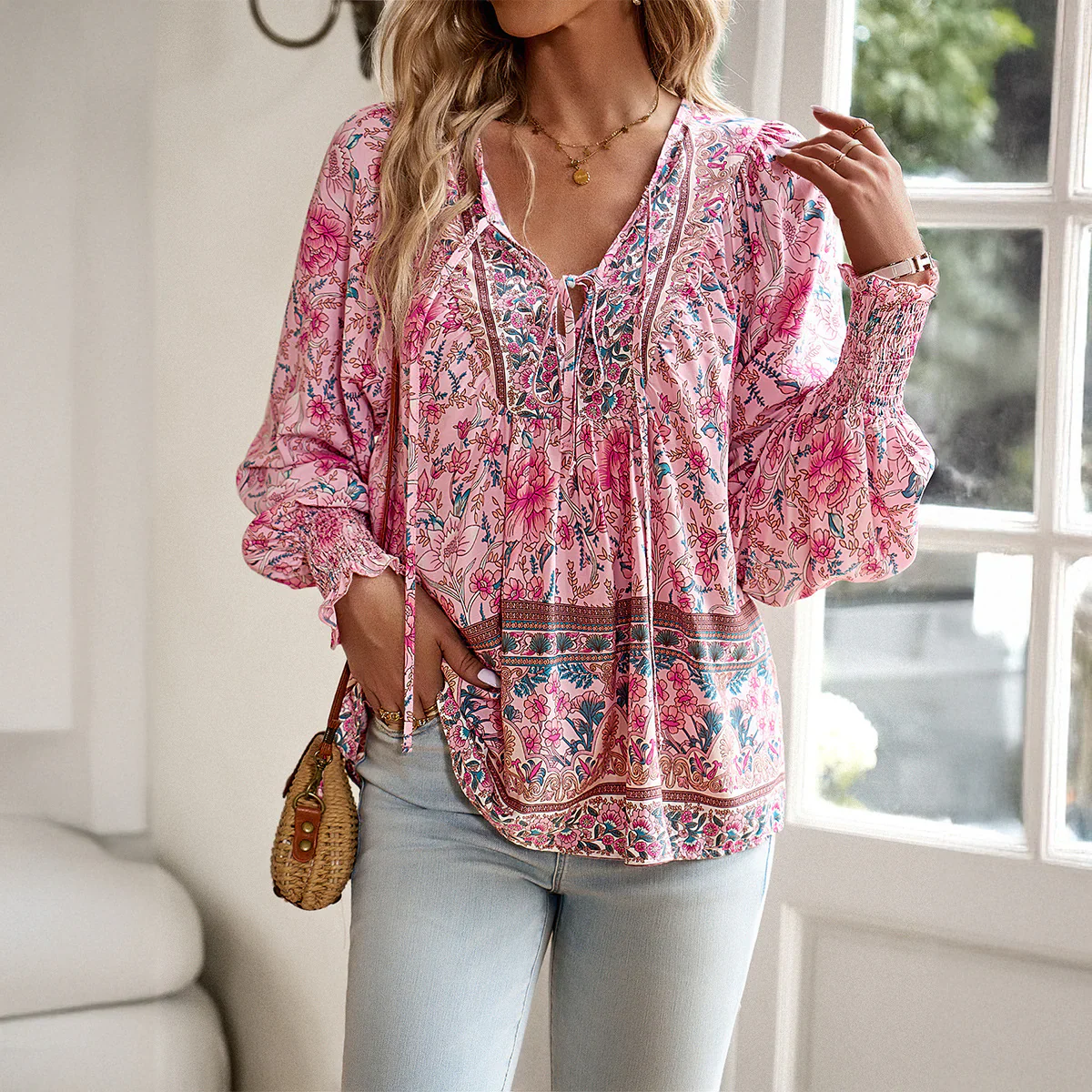 Norah Blouse | Long Sleeve - V-Neck with Tie Bohemian Blouse - Image 4