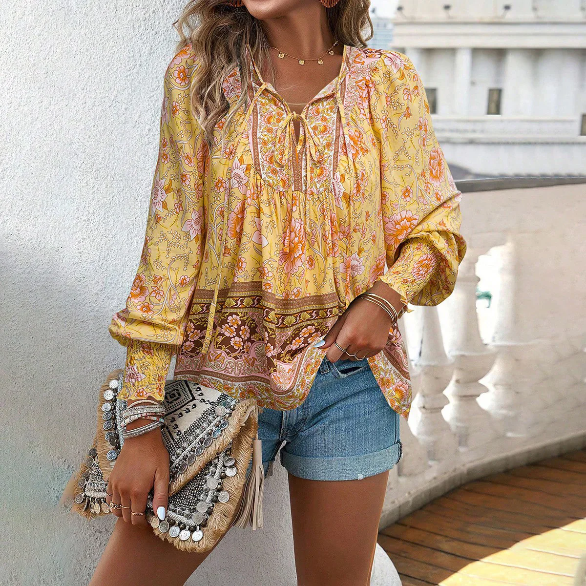 Norah Blouse | Long Sleeve - V-Neck with Tie Bohemian Blouse - Image 5