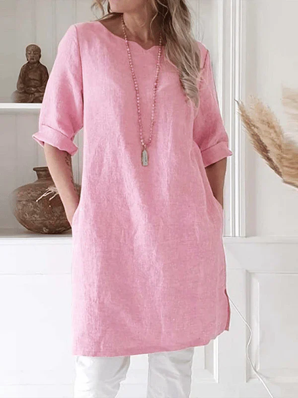 Norina Dress | Breathable Linen Relaxed Fit 3/4 Sleeve Tunic Dress - Image 2