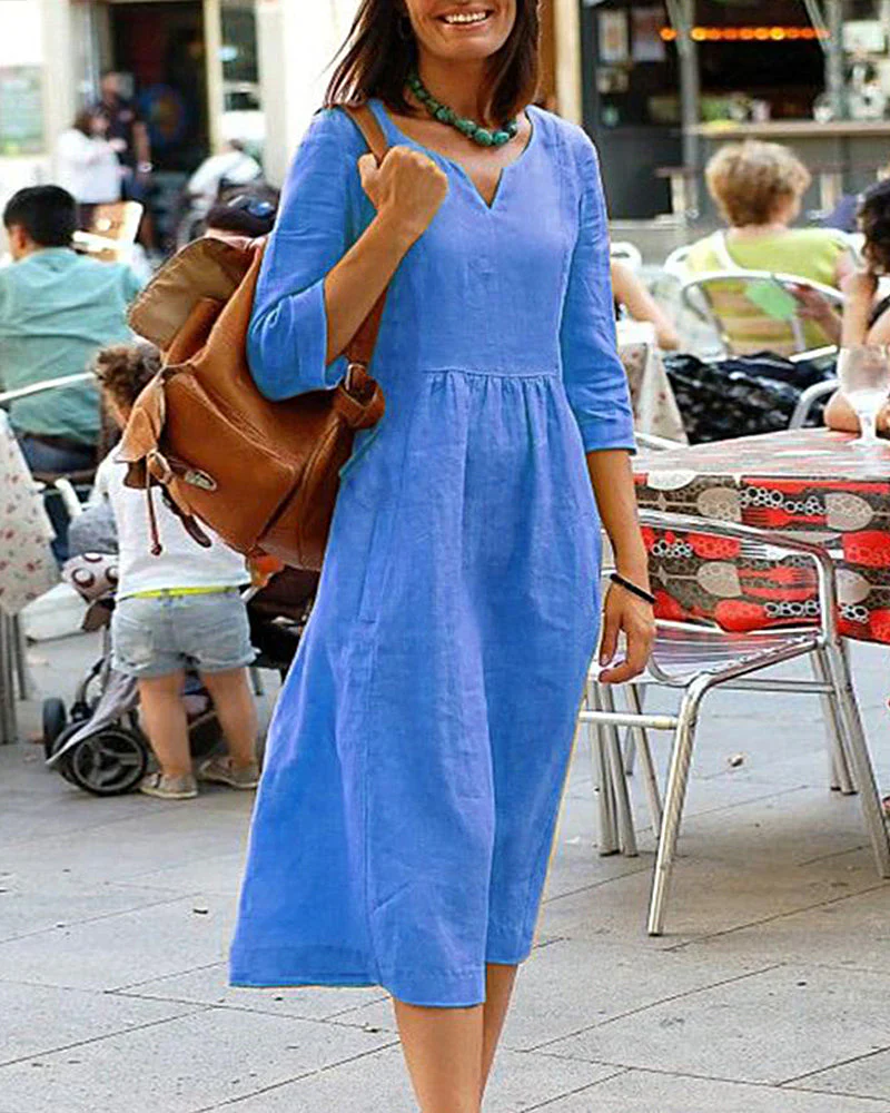 Nyra Dress | Three-Quarter Sleeve Linen Blend V-Neck Midi Dress - Image 2