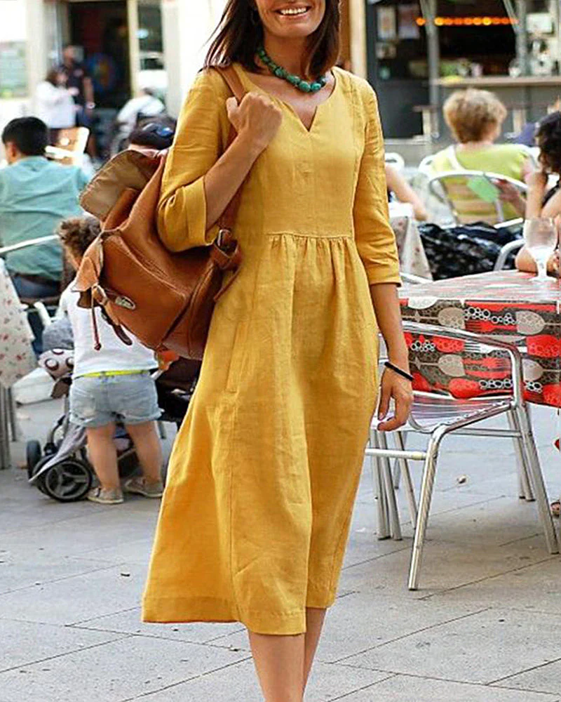 Nyra Dress | Three-Quarter Sleeve Linen Blend V-Neck Midi Dress - Image 3