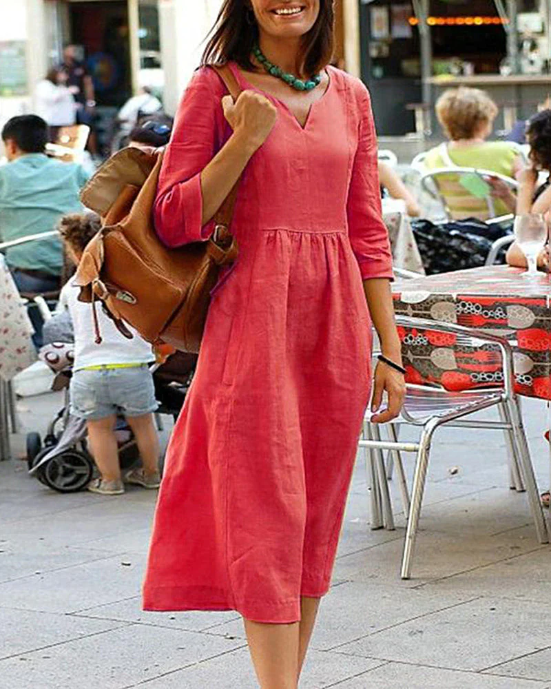 Nyra Dress | Three-Quarter Sleeve Linen Blend V-Neck Midi Dress - Image 4