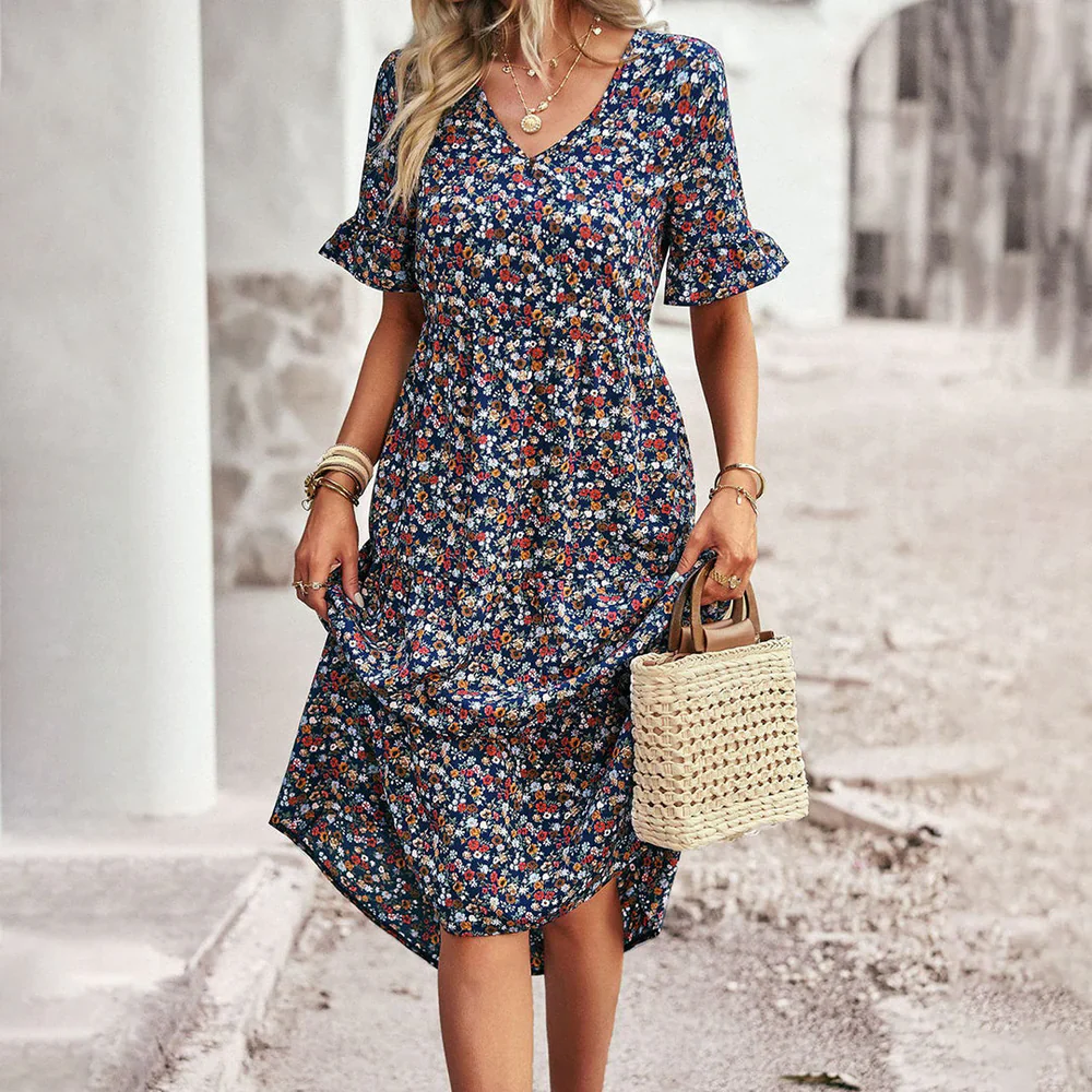Oaklea Dress | Boho Floral Midi Dress with Ruffle Sleeves - Image 3