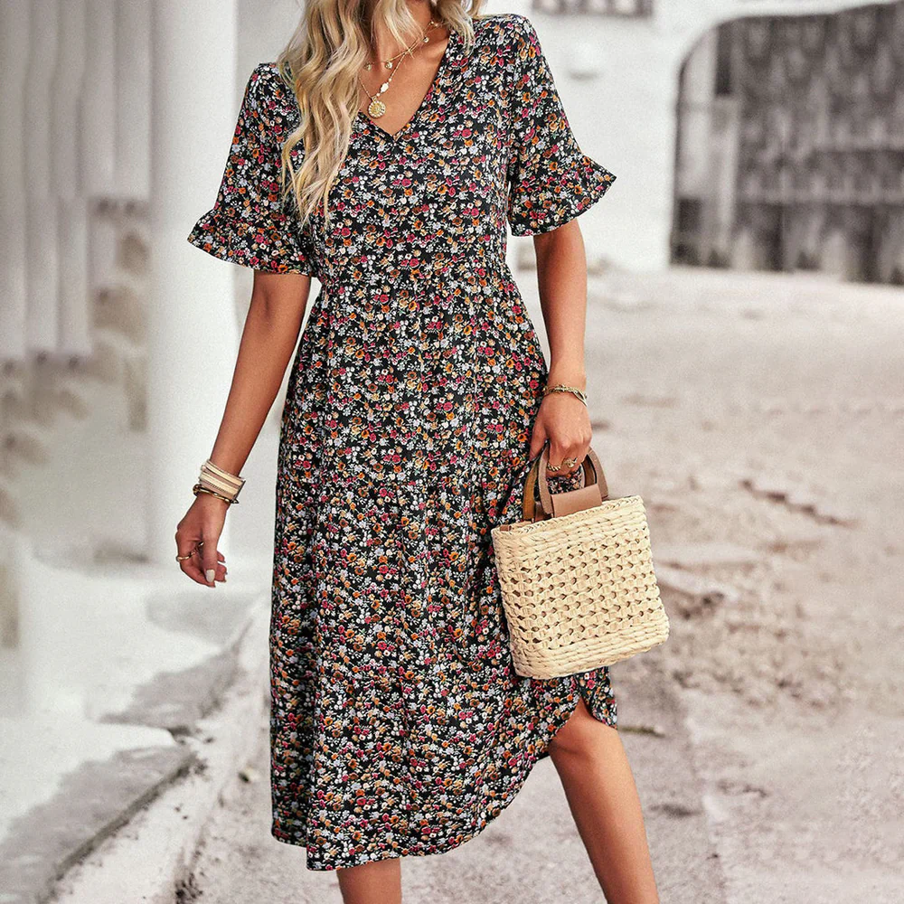 Oaklea Dress | Boho Floral Midi Dress with Ruffle Sleeves - Image 4