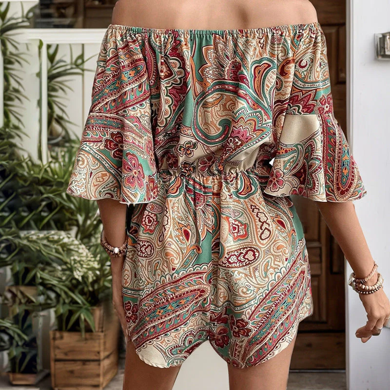 Olive Romper | Bohemian Print Flared Sleeve Off-Shoulder Romper - Image 2