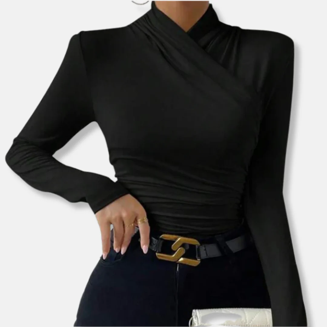 Olivia Modal Ruched Cross-Neck Long Sleeve Top | Slim Fit Top - Image 2