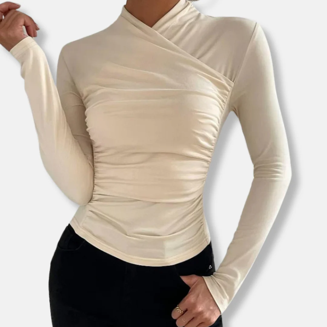 Olivia Modal Ruched Cross-Neck Long Sleeve Top | Slim Fit Top - Image 3