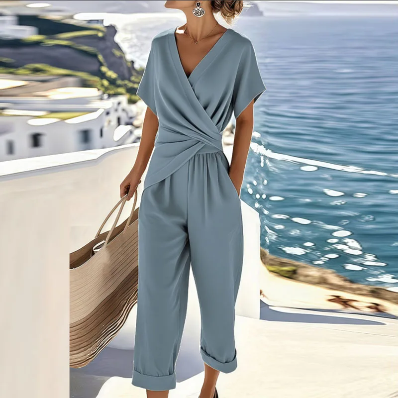 Olivia Relaxed Fit Wrap Blouse and Cropped Trousers Two-Piece Set | V-Neck Wrap Front Blouse Hip-Length Trousers - Image 2