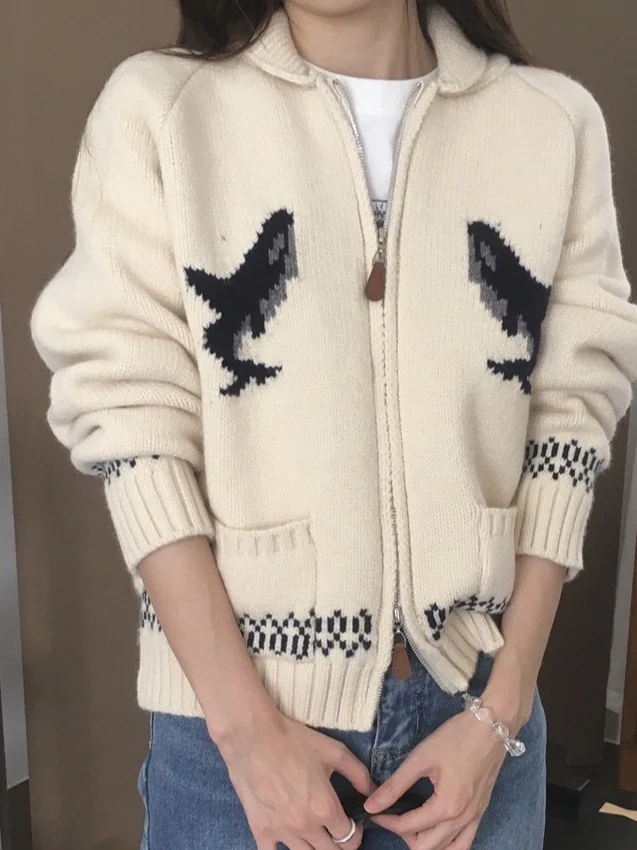 Olive Zip-Up Knit Cardigan | Dolphin Motif Relaxed Cardigan - Image 2