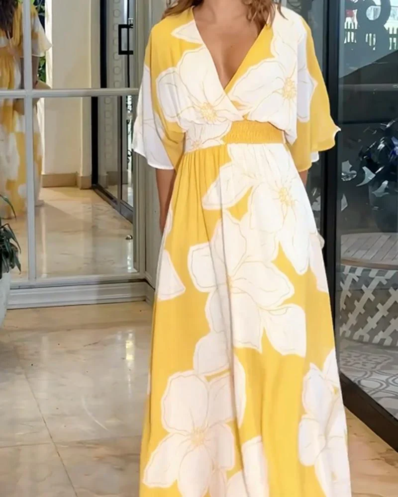 Omyra Dress | Floral Harmony Maxi Dress with V-Neck and Kimono Sleeves - Image 2