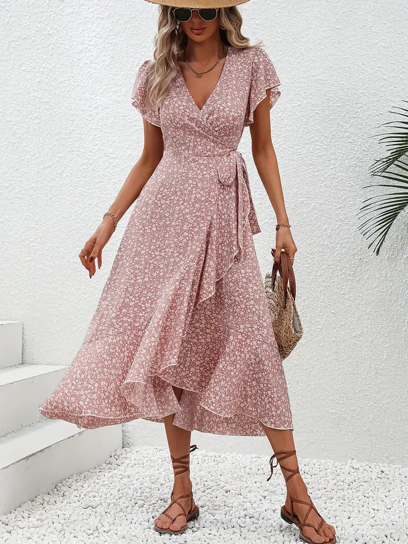 Ondina Dress | Flowy Wrap Midi Dress with Floral Print