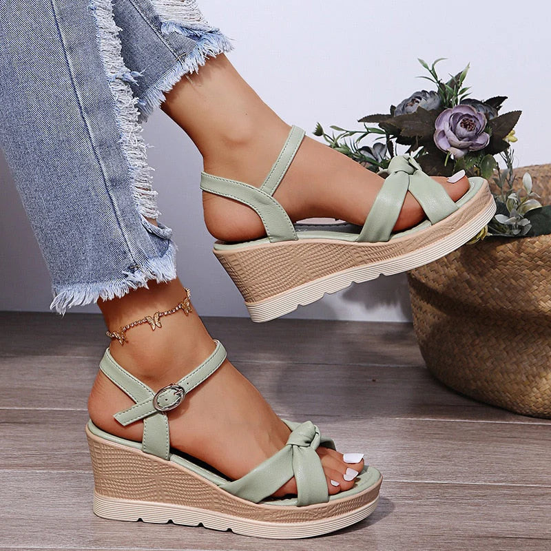 Orania Sandals | Knot Detail Wedge Sandals with Buckle Strap - Image 5