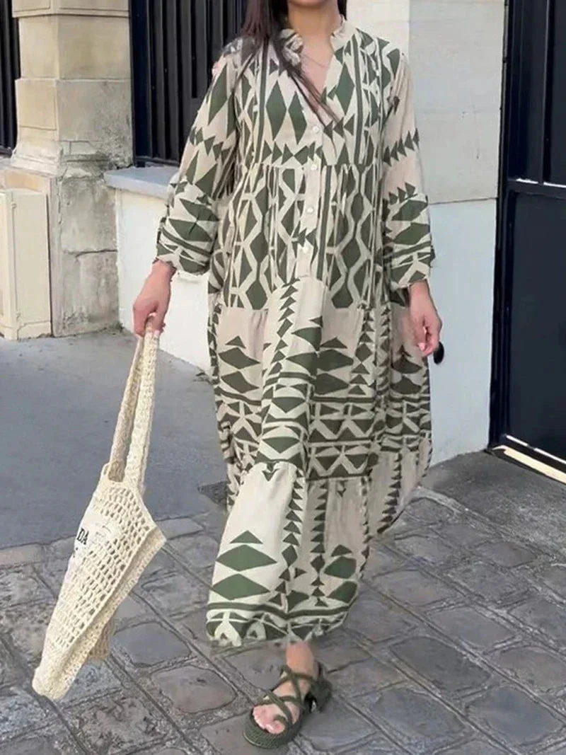 Oretha Dress | Boho Maxi Dress with Long Sleeves and Geometric Print - Image 5