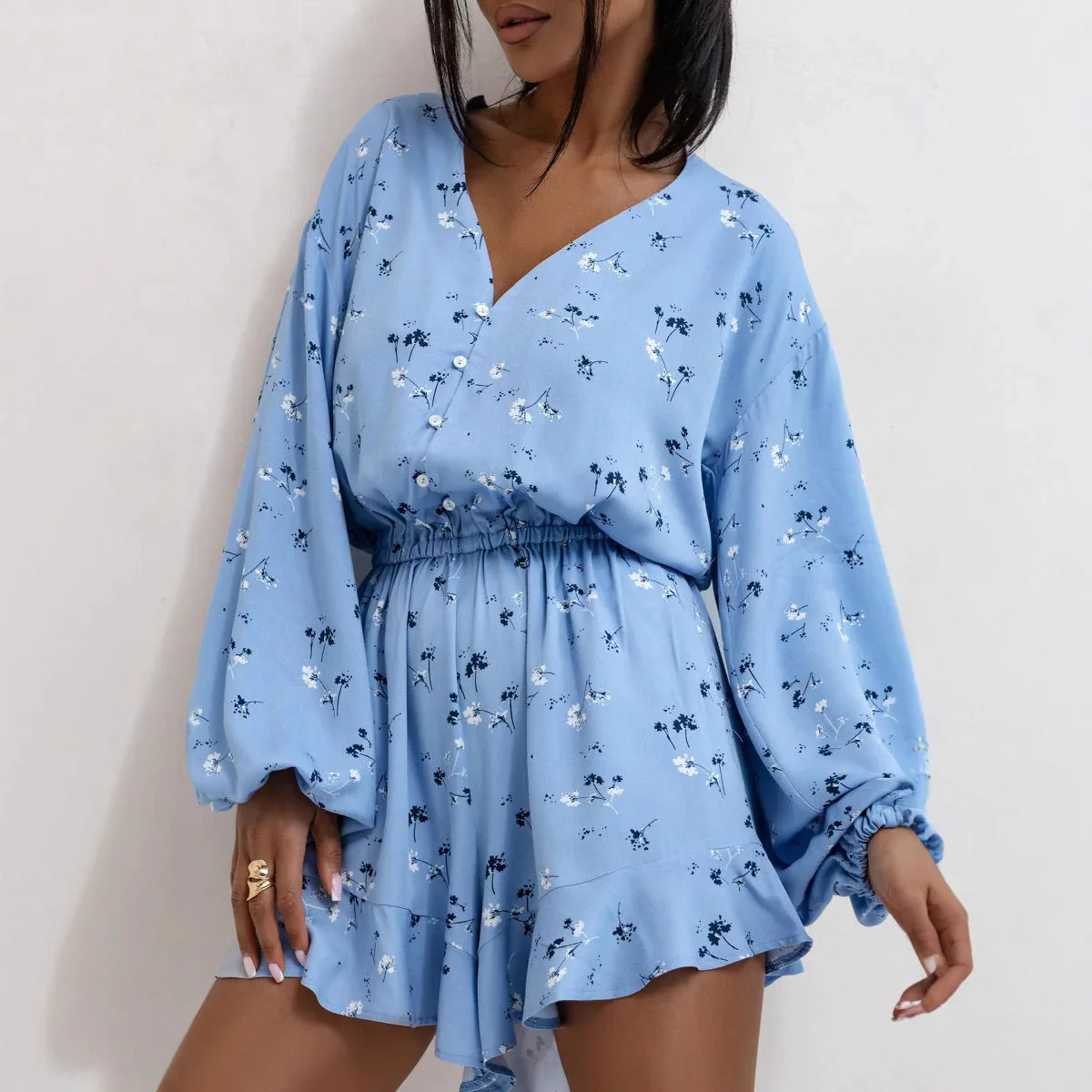 Oriana Romper | Long Sleeve V-Neck Cinched Waist Printed Romper - Image 3