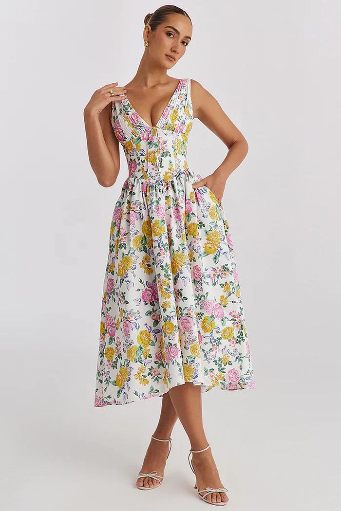 Orlita Dress | Floral Sleeveless Midi Dress with Fitted Bodice - Image 3
