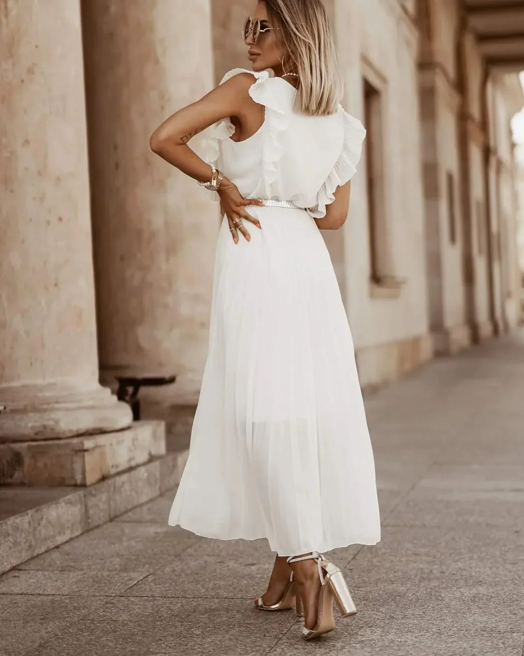 Ornella Dress | White Pleated Maxi Dress with Ruffle Sleeves - Image 2