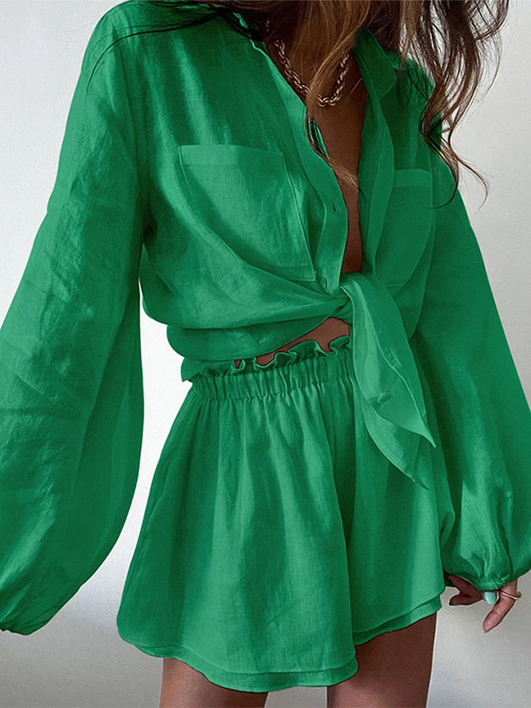 Pammie Two-Piece Outfit | Button-Up Shirt & Shorts in Cotton Linen Blend - Image 3