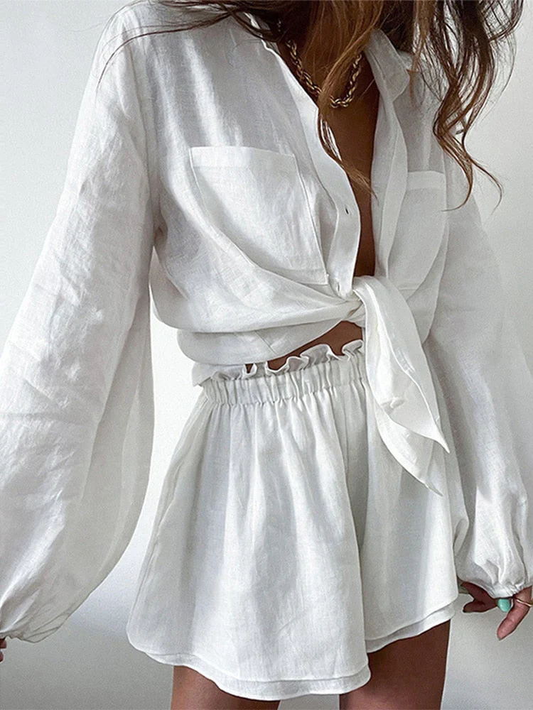 Pammie Two-Piece Outfit | Button-Up Shirt & Shorts in Cotton Linen Blend - Image 4