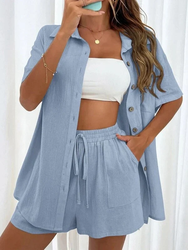 Paulina Casual Two-Piece Set | Short Sleeve Shirt & Drawstring Shorts - Image 3