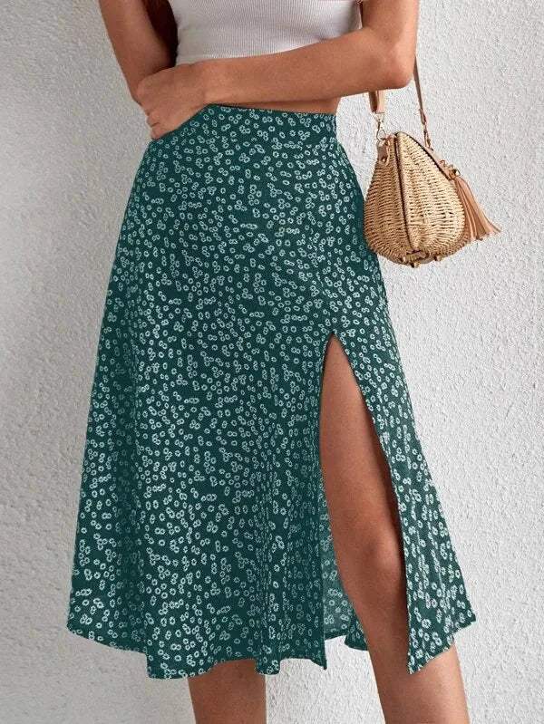 Pazia Midi Skirt | High Waist Floral A-Line with Slit - Image 3