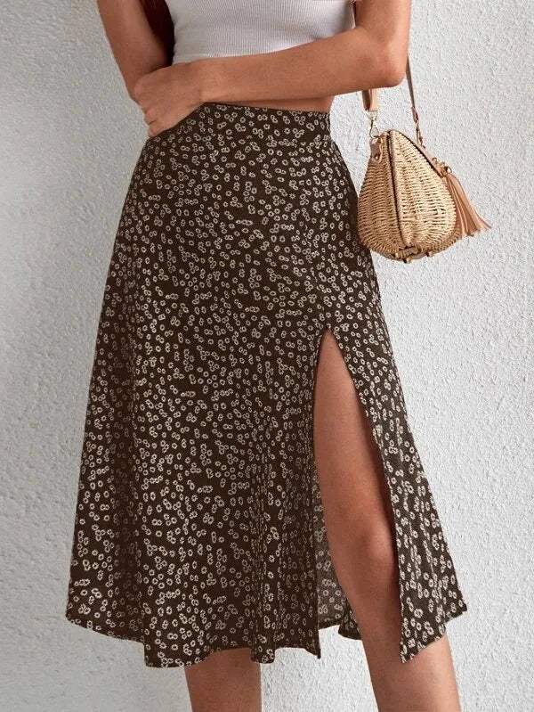 Pazia Midi Skirt | High Waist Floral A-Line with Slit - Image 4