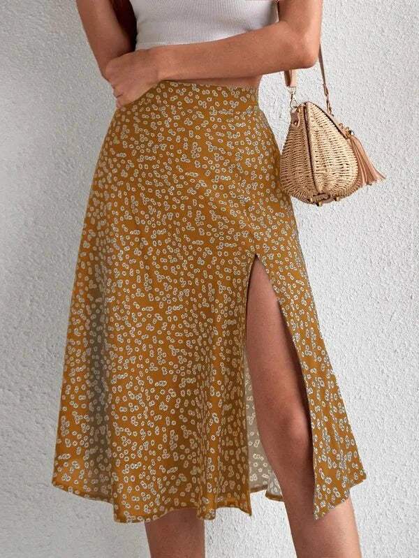Pazia Midi Skirt | High Waist Floral A-Line with Slit - Image 5
