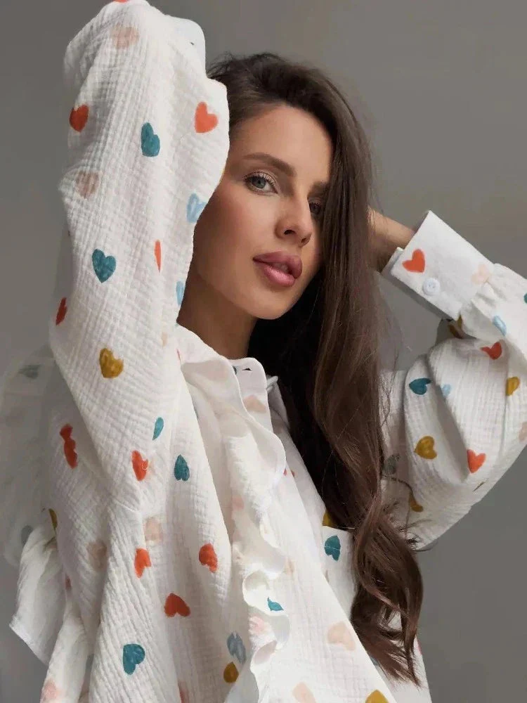 Peaches Co-ord Set | Ruffled Blouse & Shorts with Heart Print - Image 11