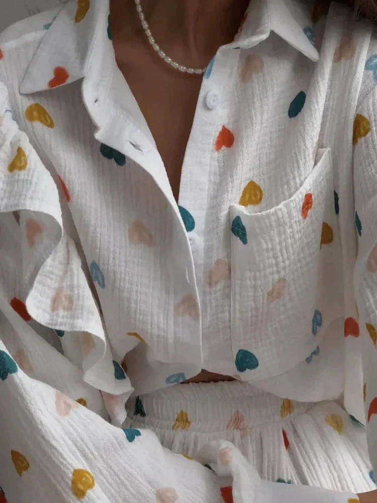 Peaches Co-ord Set | Ruffled Blouse & Shorts with Heart Print - Image 12