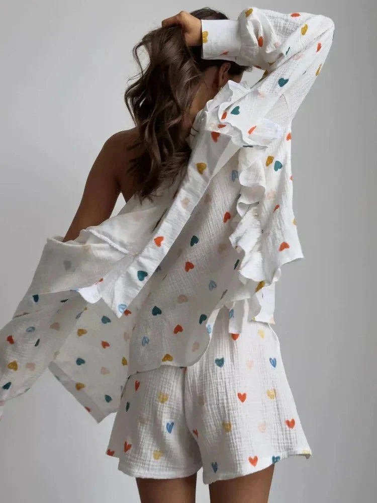 Peaches Co-ord Set | Ruffled Blouse & Shorts with Heart Print - Image 13