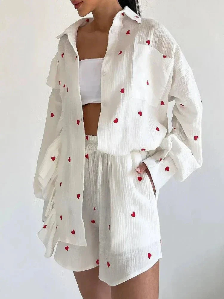 Peaches Co-ord Set | Ruffled Blouse & Shorts with Heart Print - Image 6