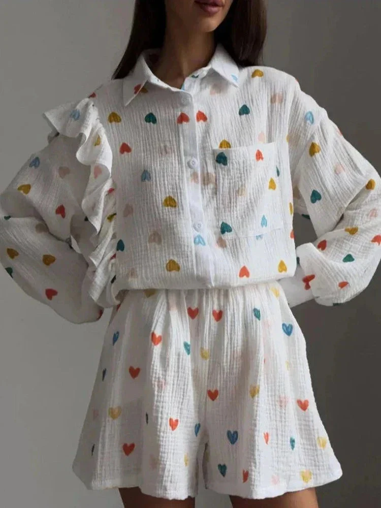 Peaches Co-ord Set | Ruffled Blouse & Shorts with Heart Print - Image 9