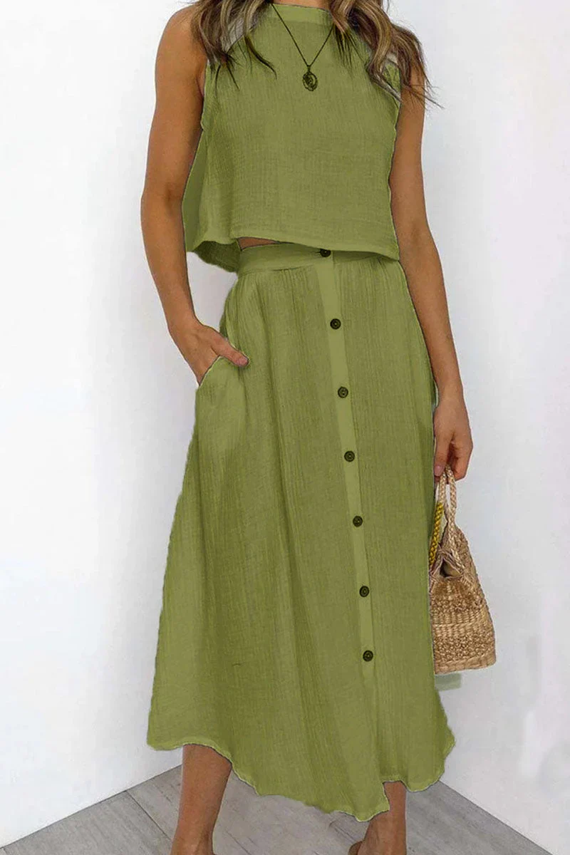 Penina Two-Piece Outfit | Sleeveless Crop Top & Button-Front Midi Skirt - Image 3
